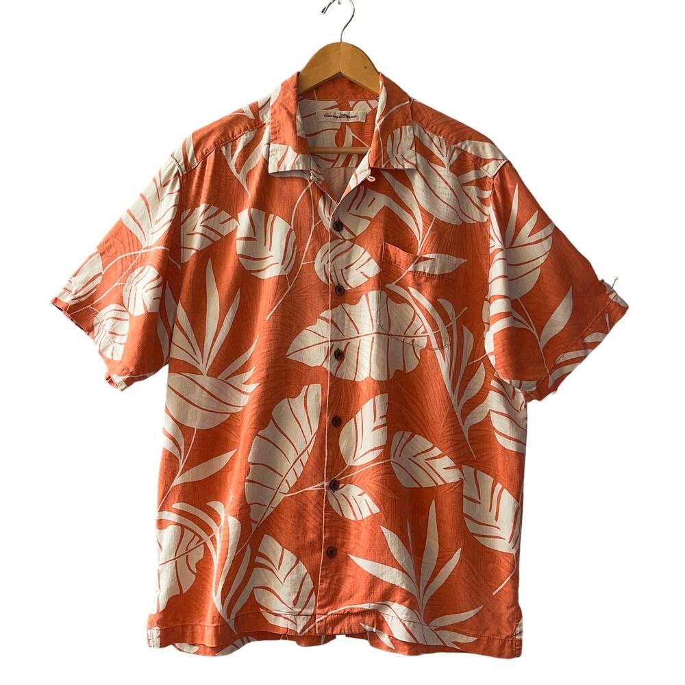Tommy Bahama Orange Tropical Leaf Print Silk Camp Shirt Size Large